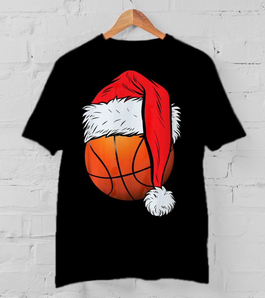 Christmas Santa Hat On Basketball Ball T-Shirt