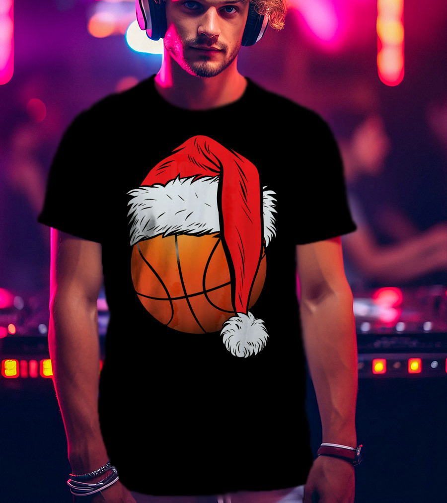 Christmas Santa Hat On Basketball Ball T-Shirt