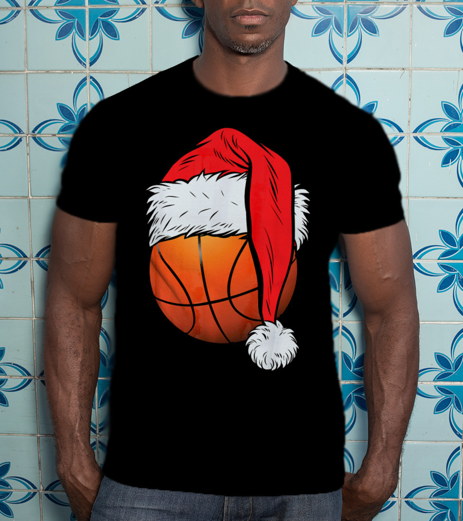 Christmas Santa Hat On Basketball Ball T-Shirt