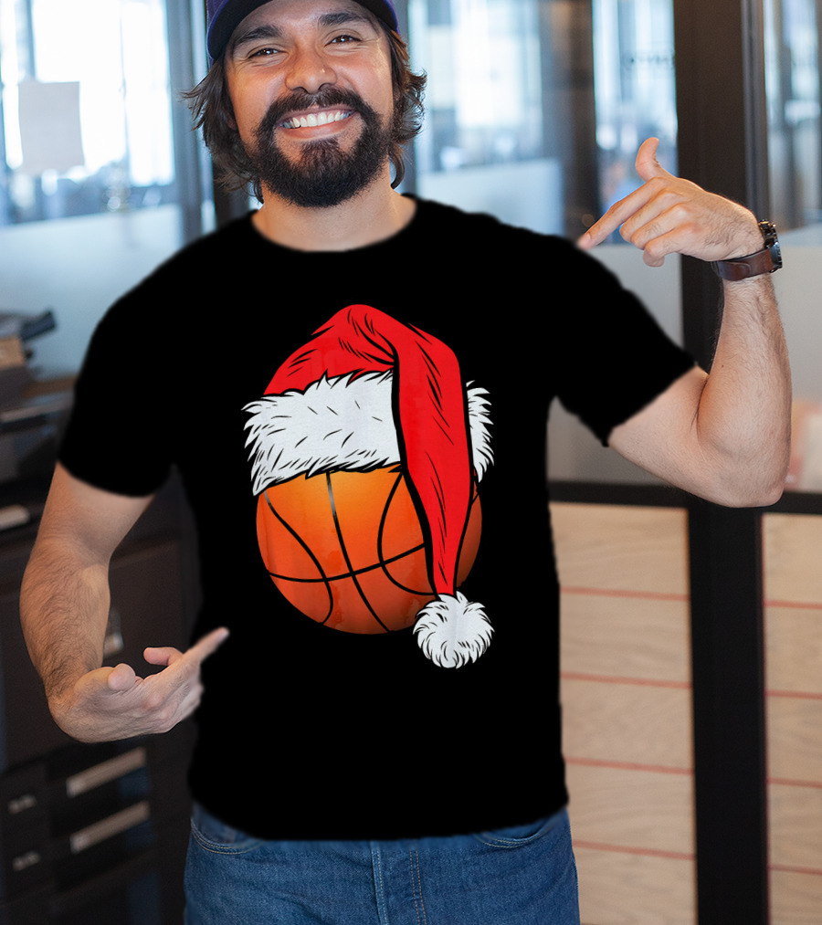 Christmas Santa Hat On Basketball Ball T-Shirt