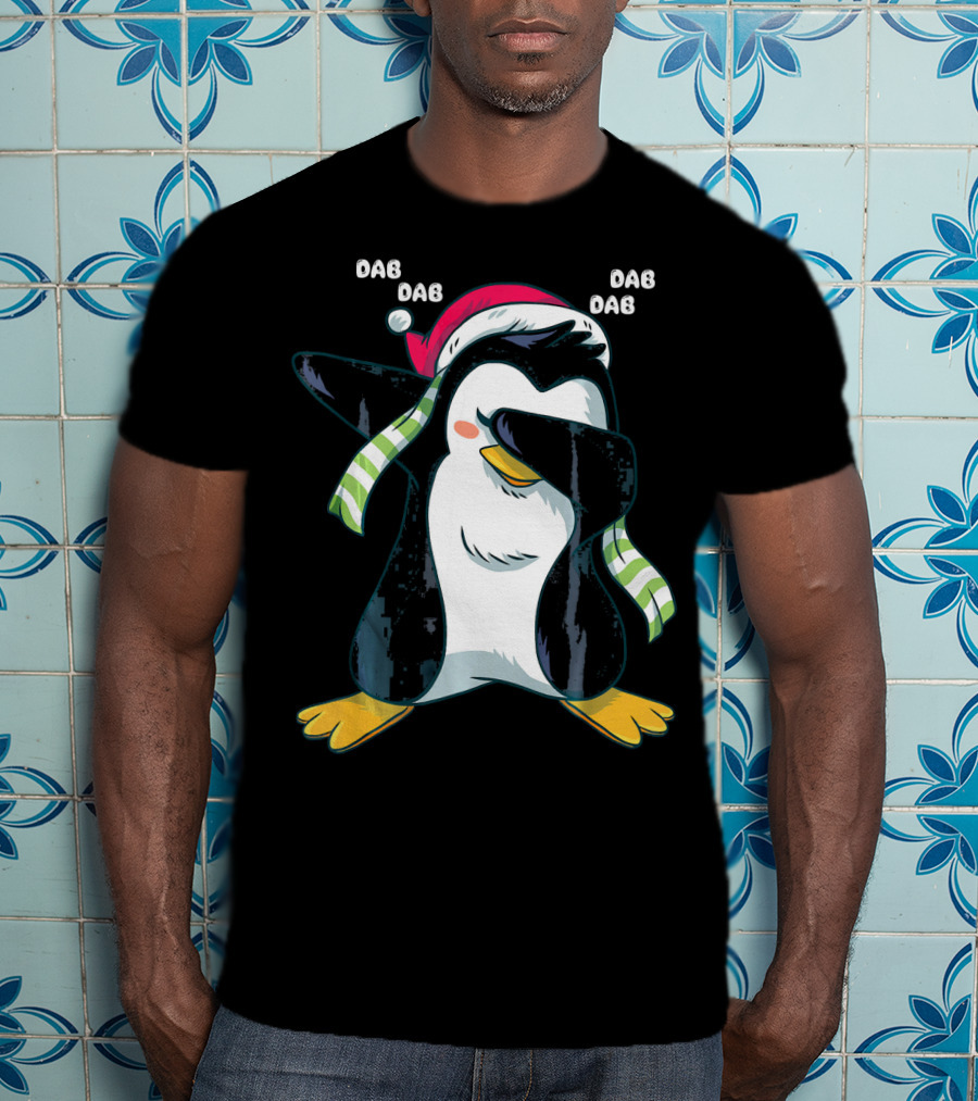Dab Dab Dab Christmas Penguin Santa Hat And Scarf T-Shirt