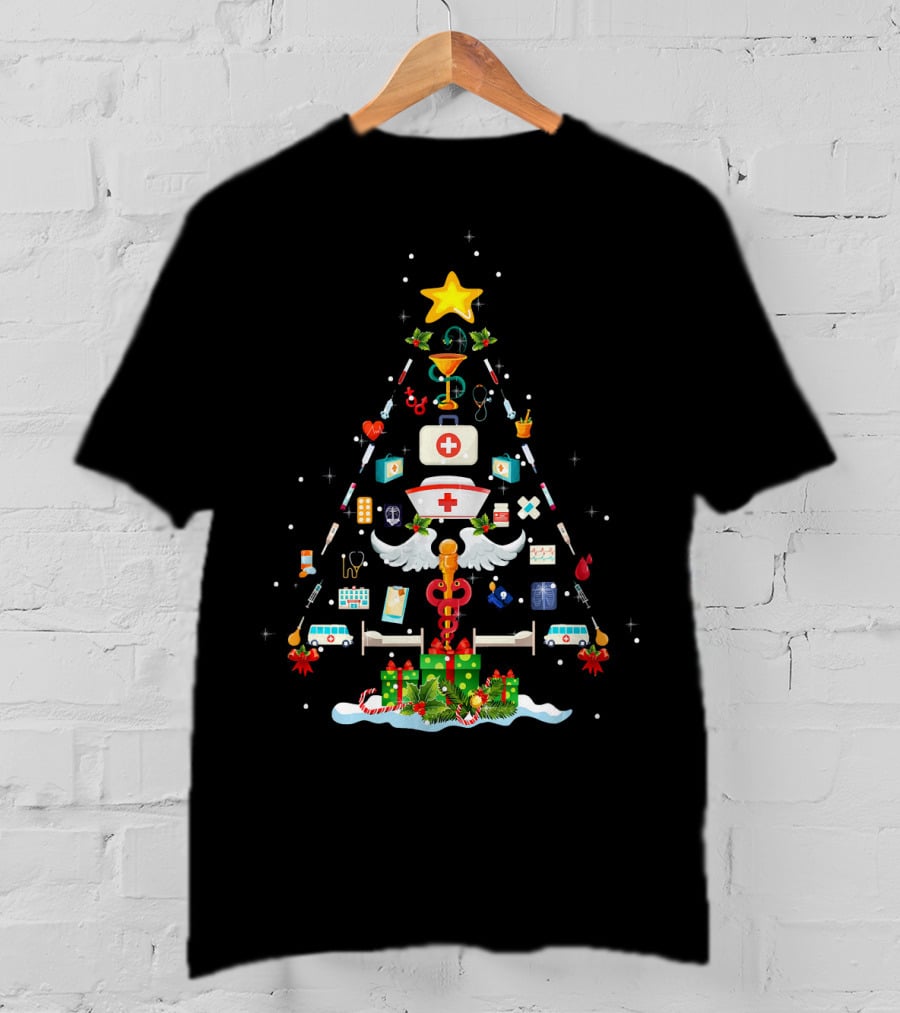 Funny Nurse Medical Christmas Tree With Syringes And Bandages T-Shirt