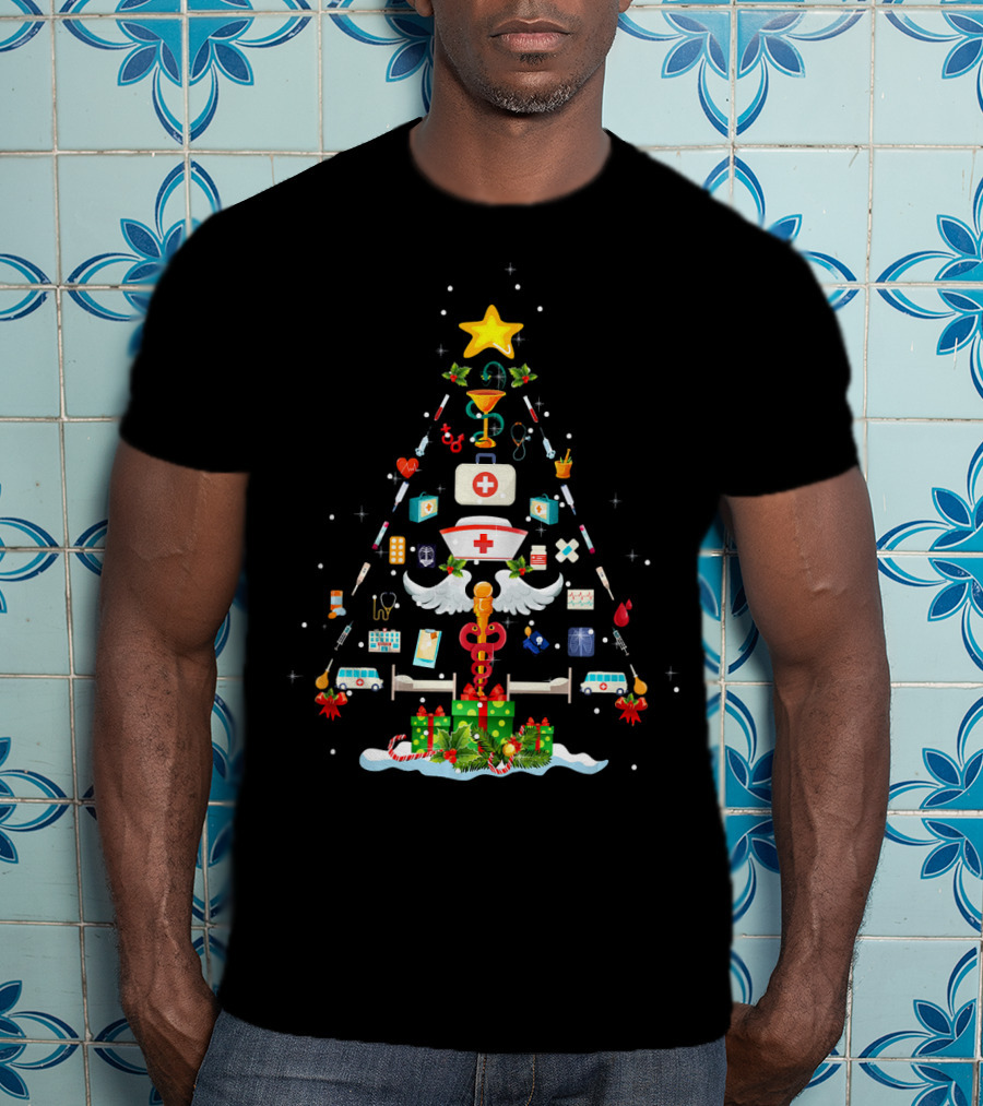 Funny Nurse Medical Christmas Tree With Syringes And Bandages T-Shirt