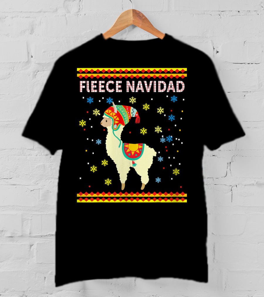 Fleece Navidad Cute Funny Llama With Colorful Winter Hat And Snowflakes T-Shirt
