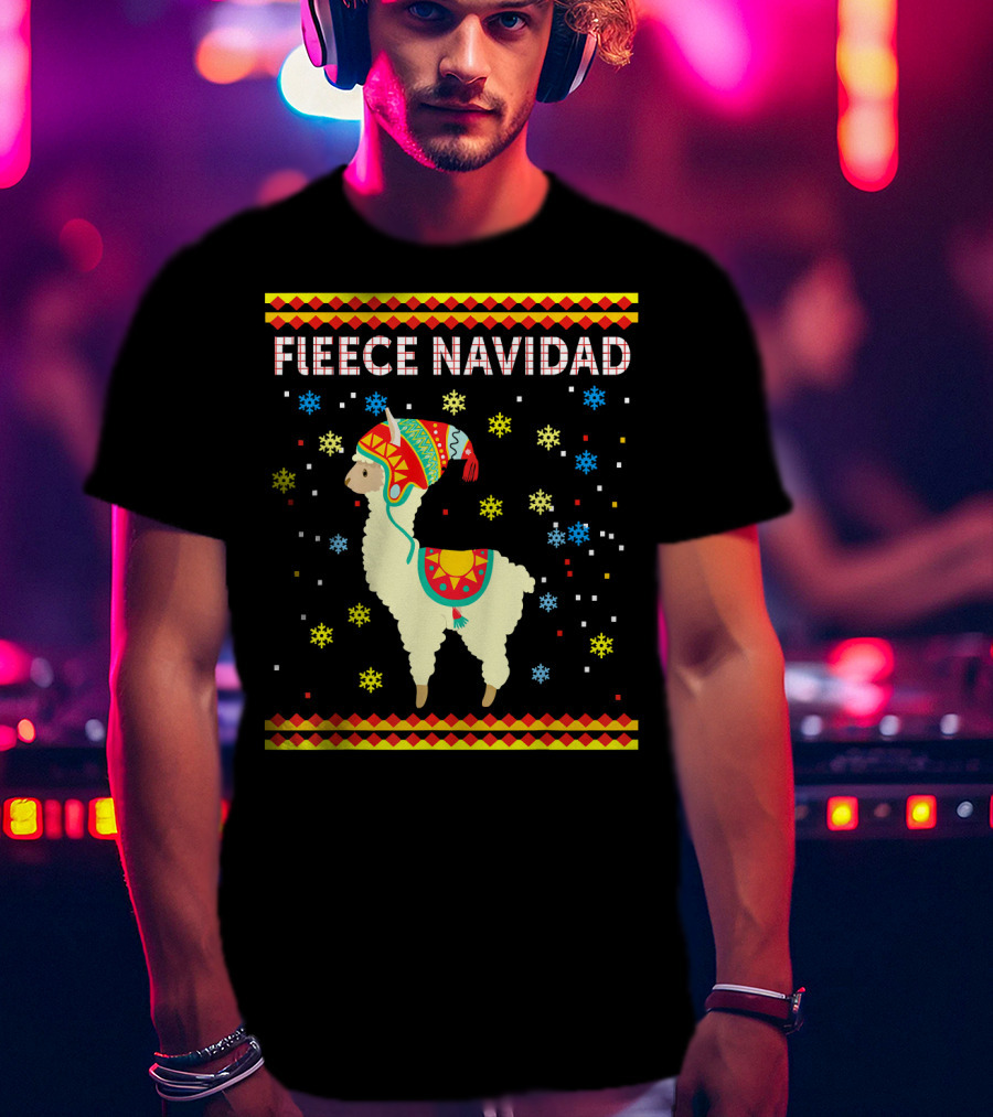 Fleece Navidad Cute Funny Llama With Colorful Winter Hat And Snowflakes T-Shirt
