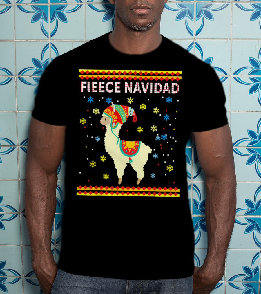 Fleece Navidad Cute Funny Llama With Colorful Winter Hat And Snowflakes T-Shirt