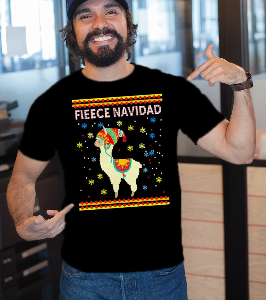 Fleece Navidad Cute Funny Llama With Colorful Winter Hat And Snowflakes T-Shirt