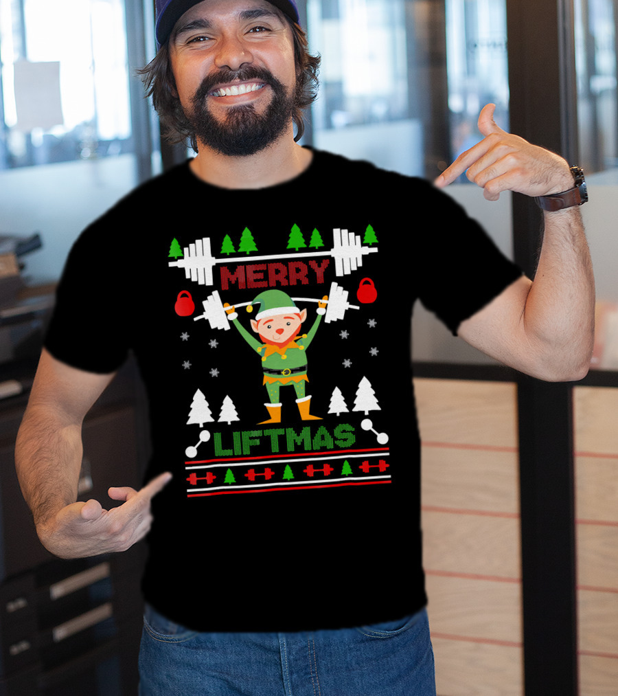 Merry Liftmas Elf Weightlifting Christmas Ugly T-Shirt