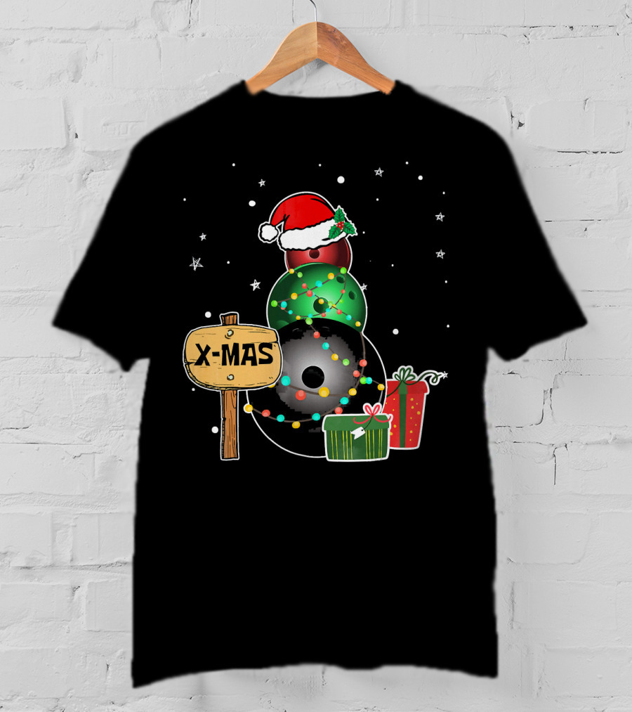 Bowling Snowman Xmas Presents With Santa Hat And Lights T-Shirt