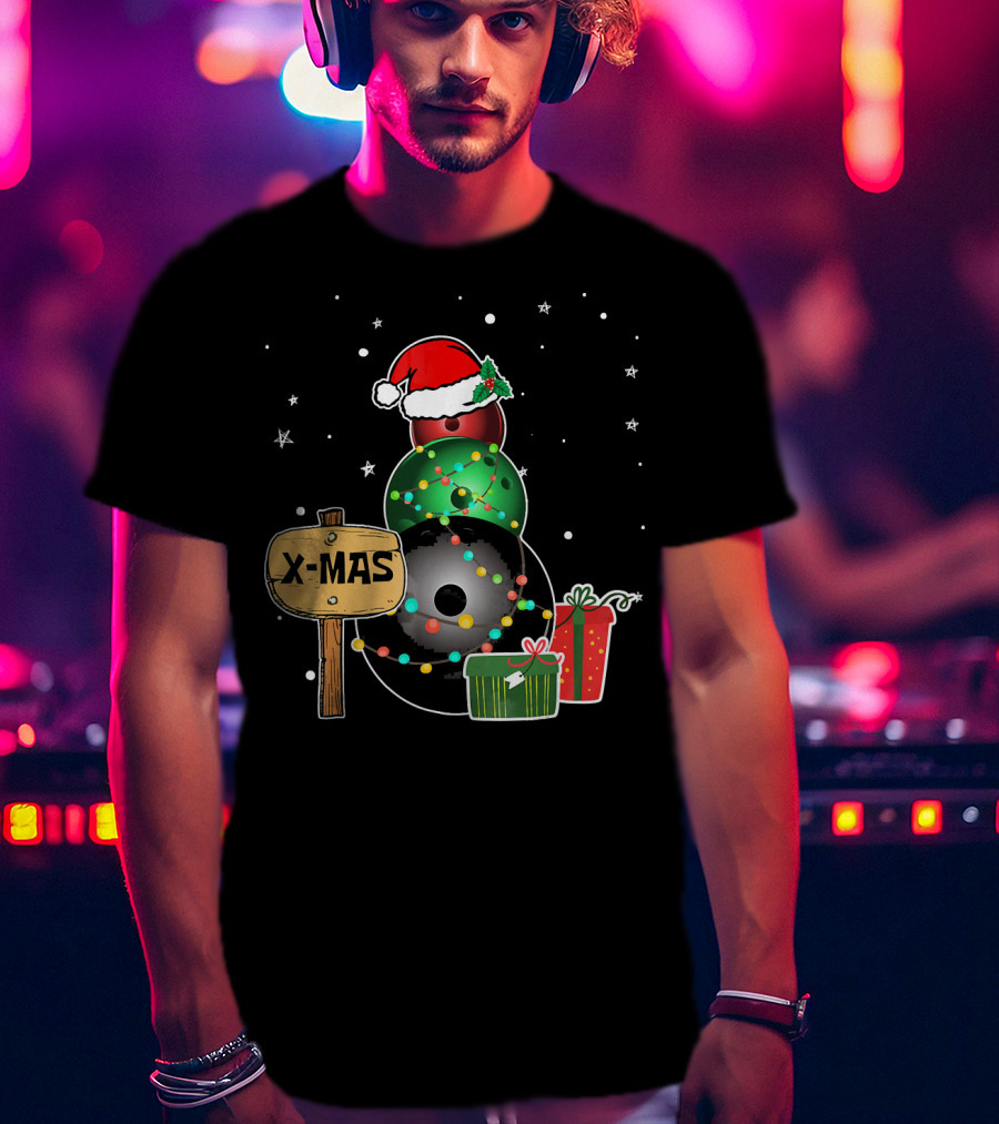 Bowling Snowman Xmas Presents With Santa Hat And Lights T-Shirt