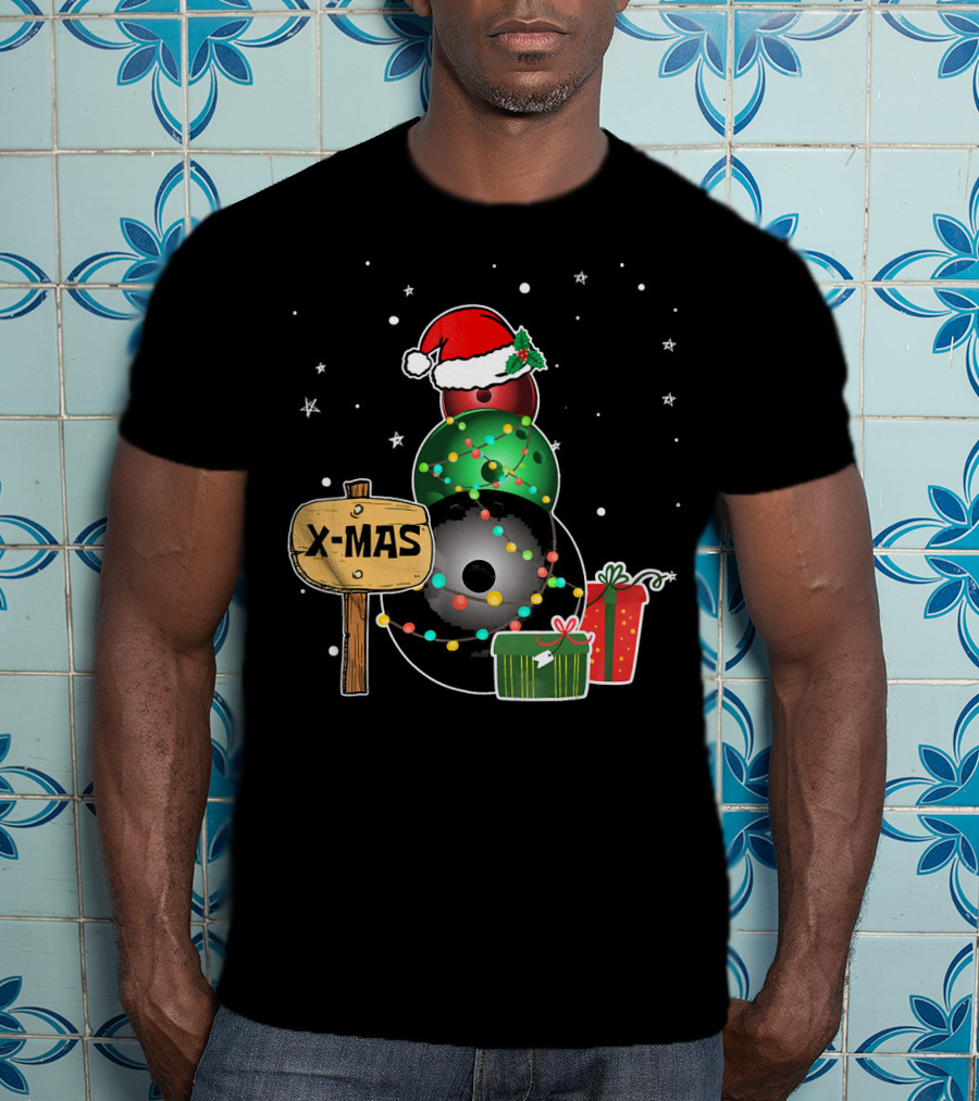 Bowling Snowman Xmas Presents With Santa Hat And Lights T-Shirt