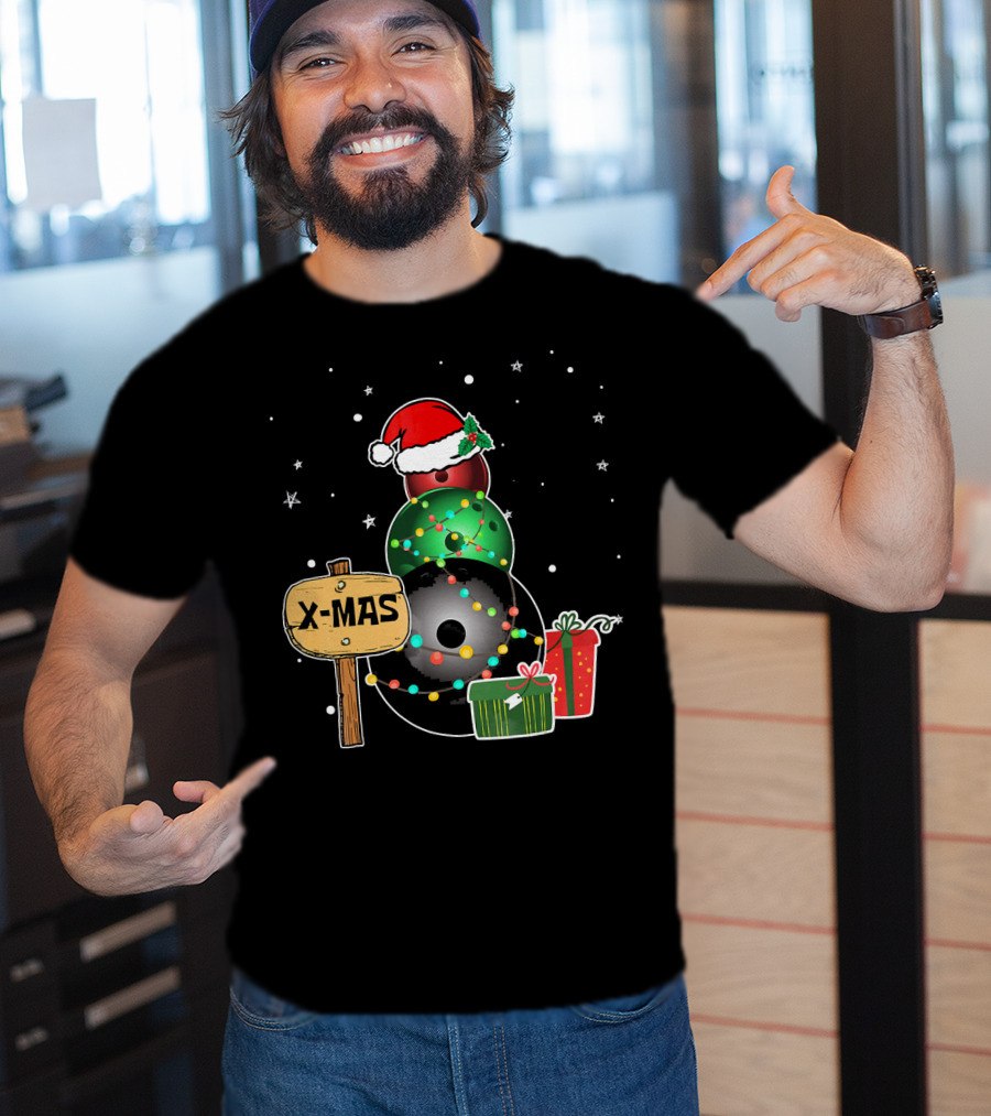 Bowling Snowman Xmas Presents With Santa Hat And Lights T-Shirt