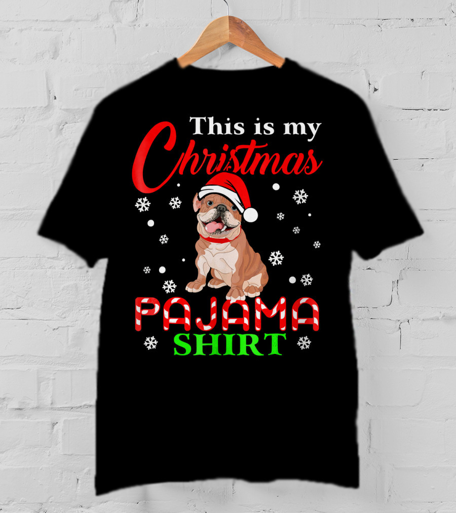 This Is My Christmas Pajama Shirt Dog Santa Hat Snowflakes T-Shirt