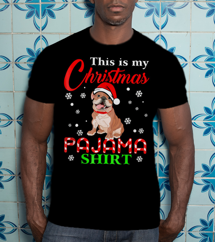 This Is My Christmas Pajama Shirt Dog Santa Hat Snowflakes T-Shirt