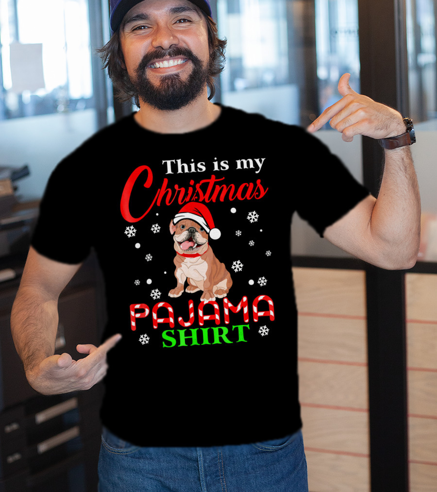 This Is My Christmas Pajama Shirt Dog Santa Hat Snowflakes T-Shirt