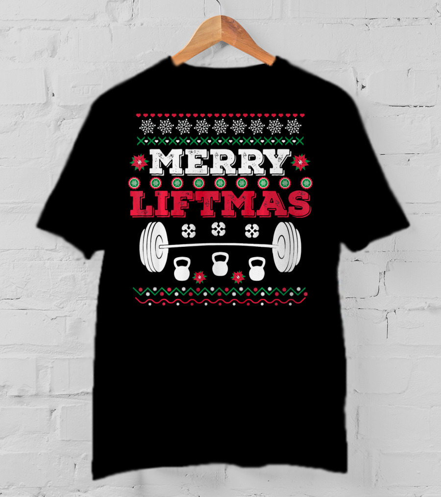 Merry Liftmas Funny Workout Barbell Kettlebell Christmas T-Shirt