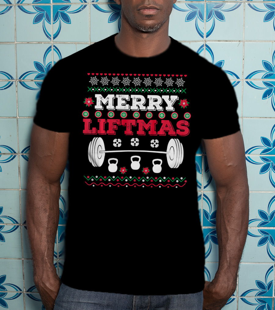 Merry Liftmas Funny Workout Barbell Kettlebell Christmas T-Shirt