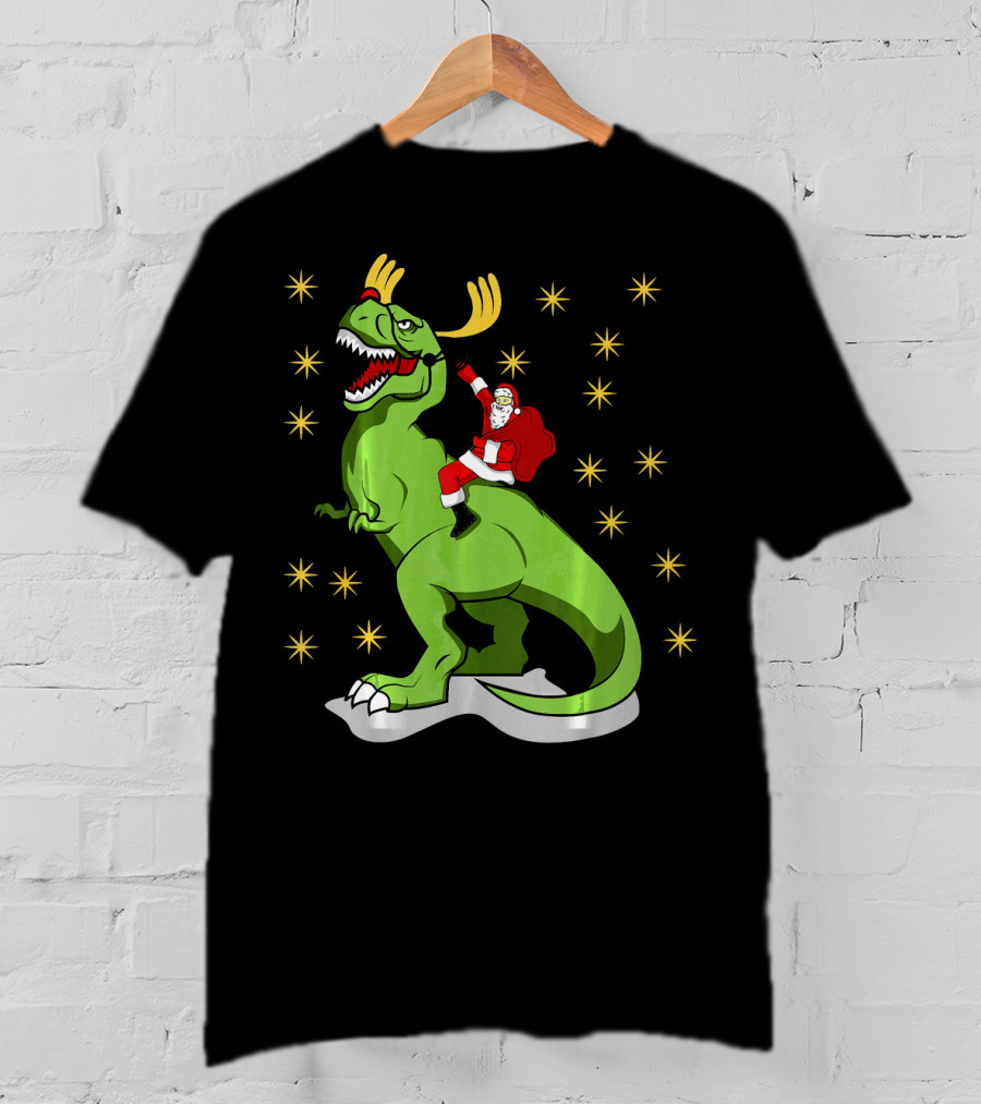 Santa Claus Riding Dinosaur With Reindeer Antlers And Stars T-Shirt