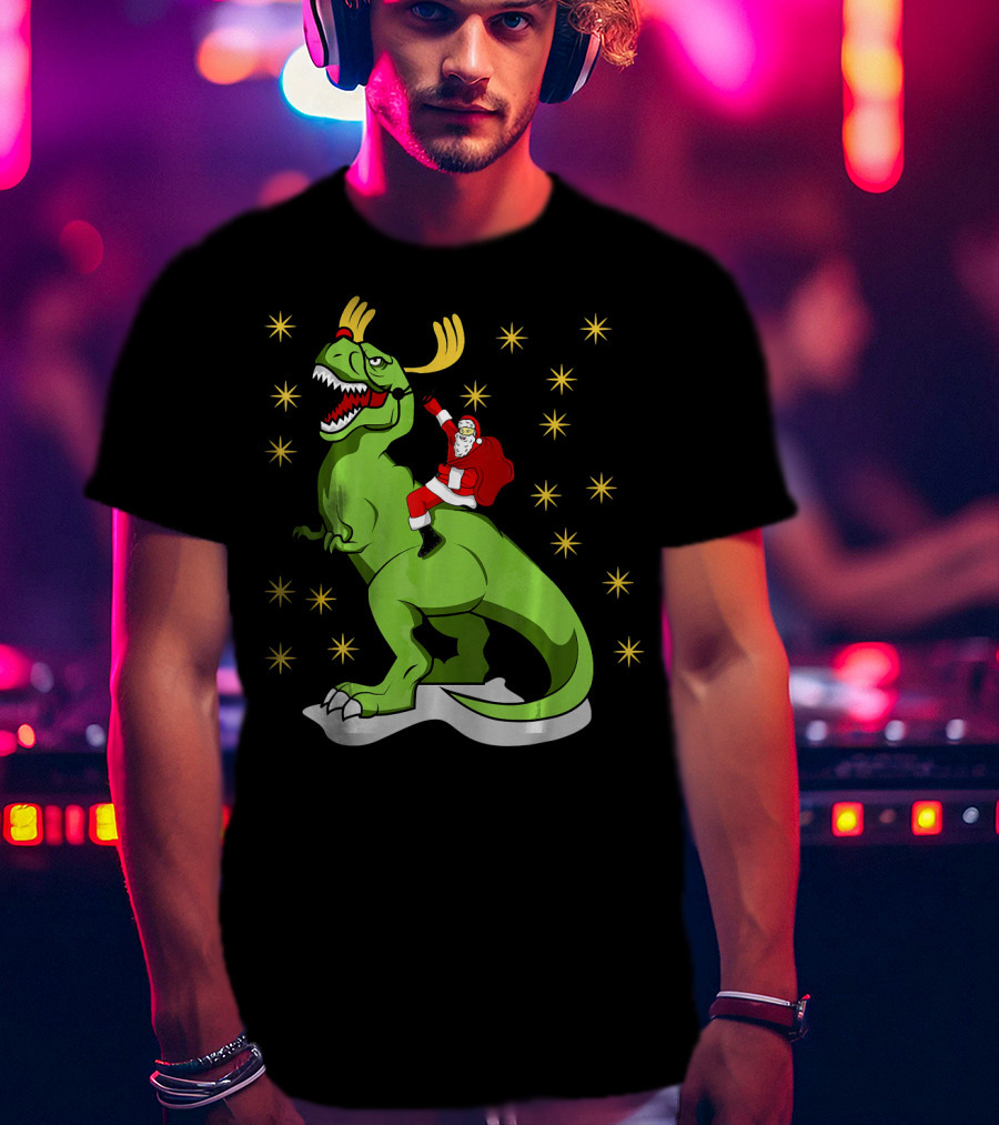 Santa Claus Riding Dinosaur With Reindeer Antlers And Stars T-Shirt