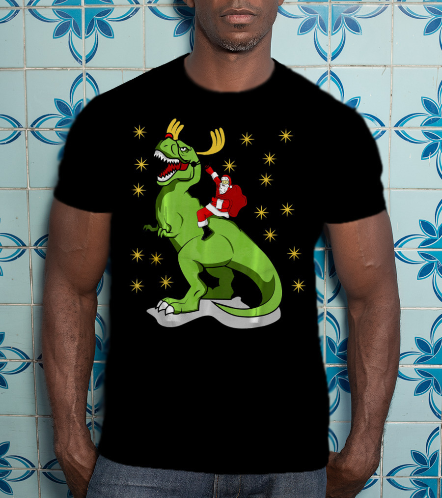 Santa Claus Riding Dinosaur With Reindeer Antlers And Stars T-Shirt