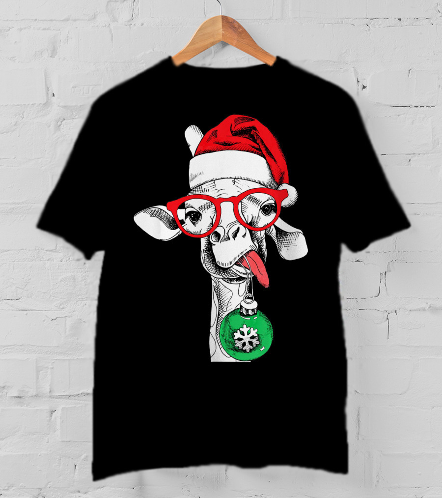 Santa Hat Giraffe Red Glasses Christmas T-Shirt