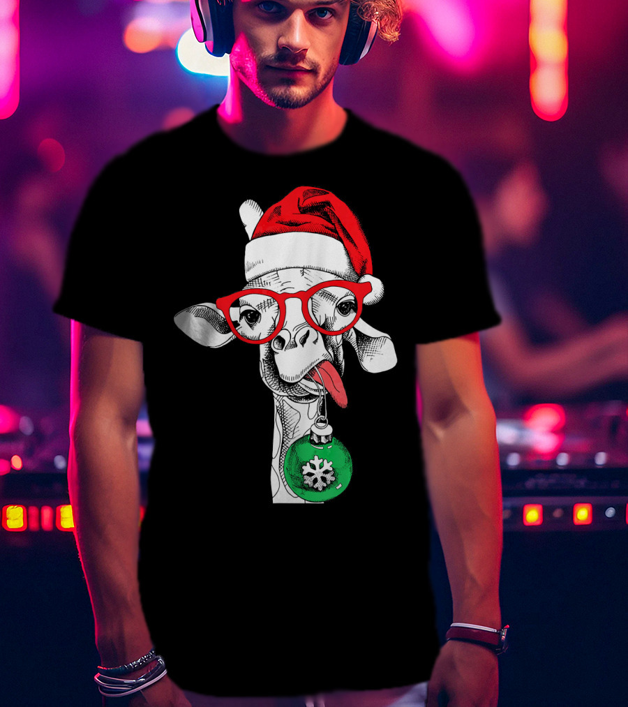 Santa Hat Giraffe Red Glasses Christmas T-Shirt