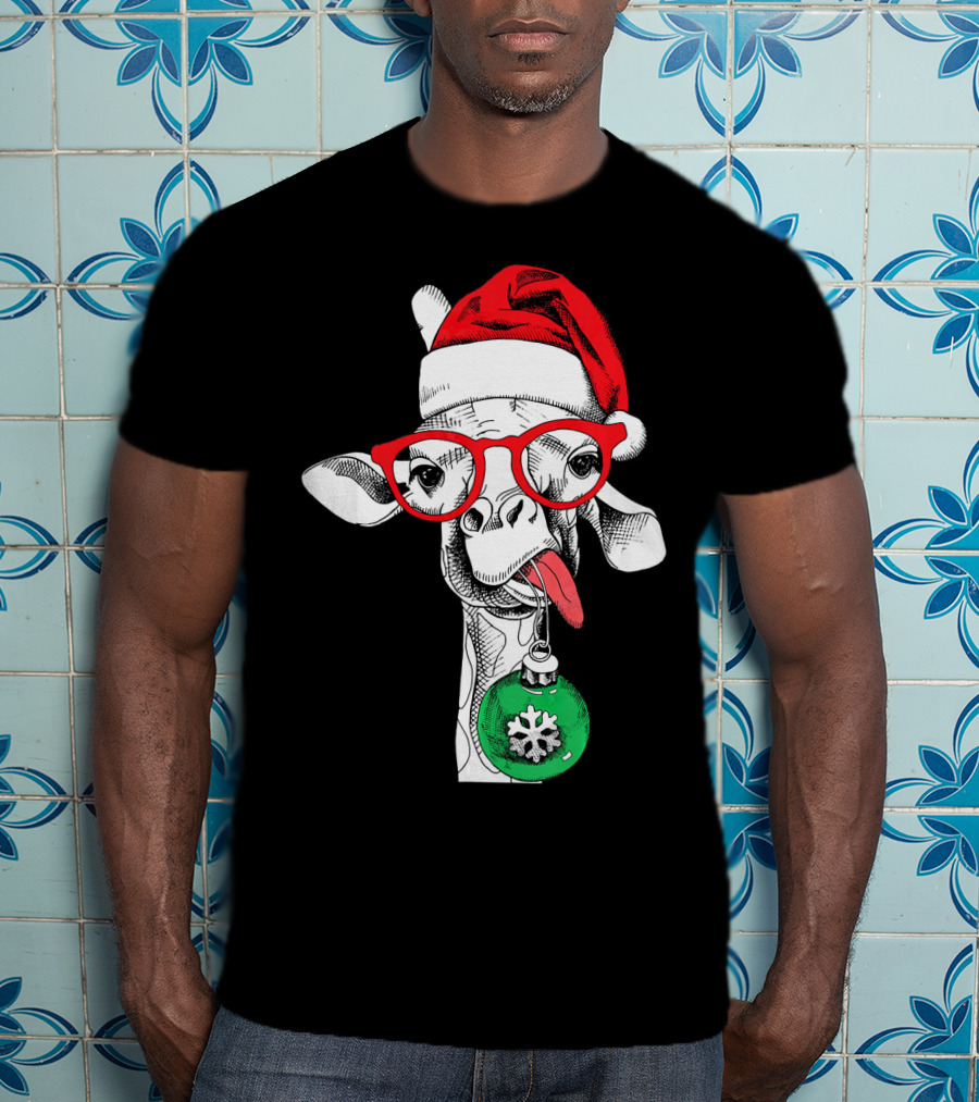 Santa Hat Giraffe Red Glasses Christmas T-Shirt