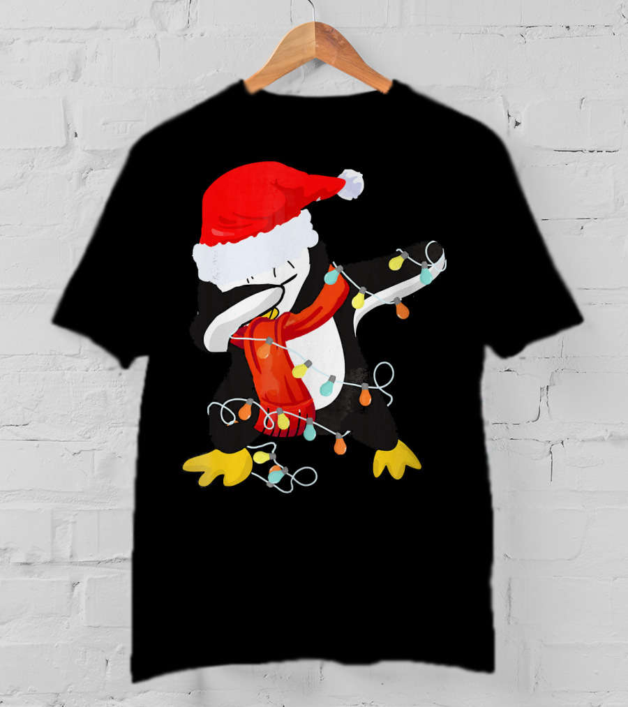 Dabbing Penguin Santa Christmas Lights T-Shirt