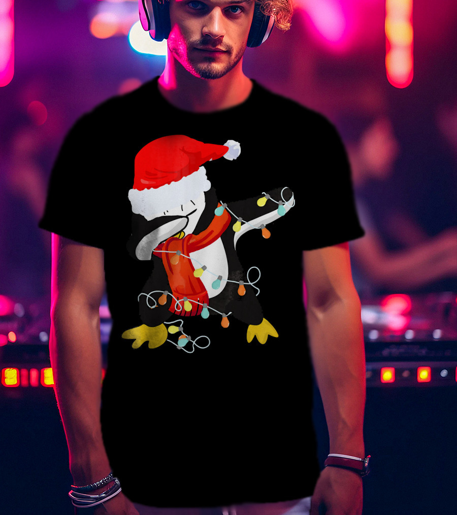 Dabbing Penguin Santa Christmas Lights T-Shirt