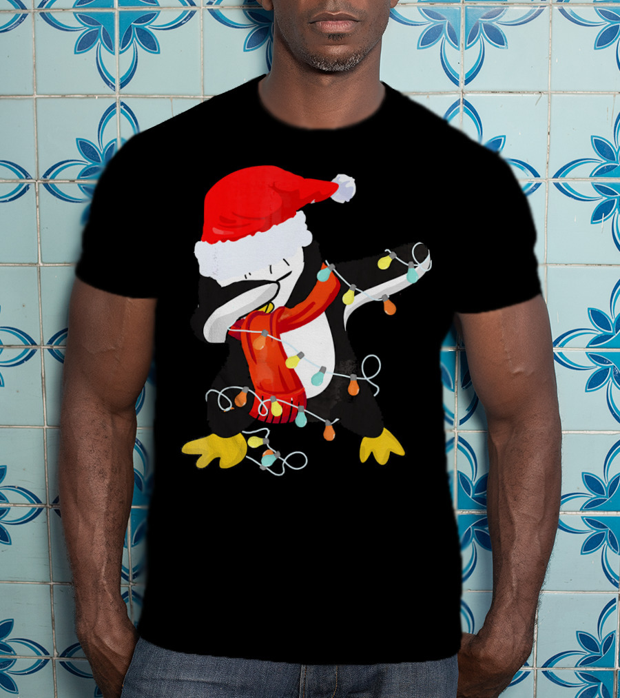 Dabbing Penguin Santa Christmas Lights T-Shirt