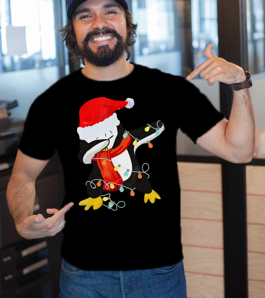 Dabbing Penguin Santa Christmas Lights T-Shirt