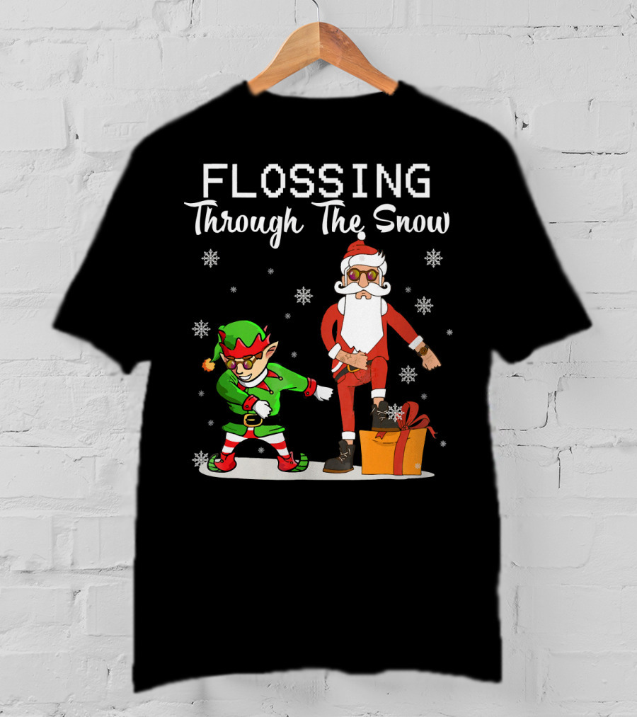 Flossing Through The Snow Santa And Elf Dancing With Gifts And Snowflakes T-Shirt