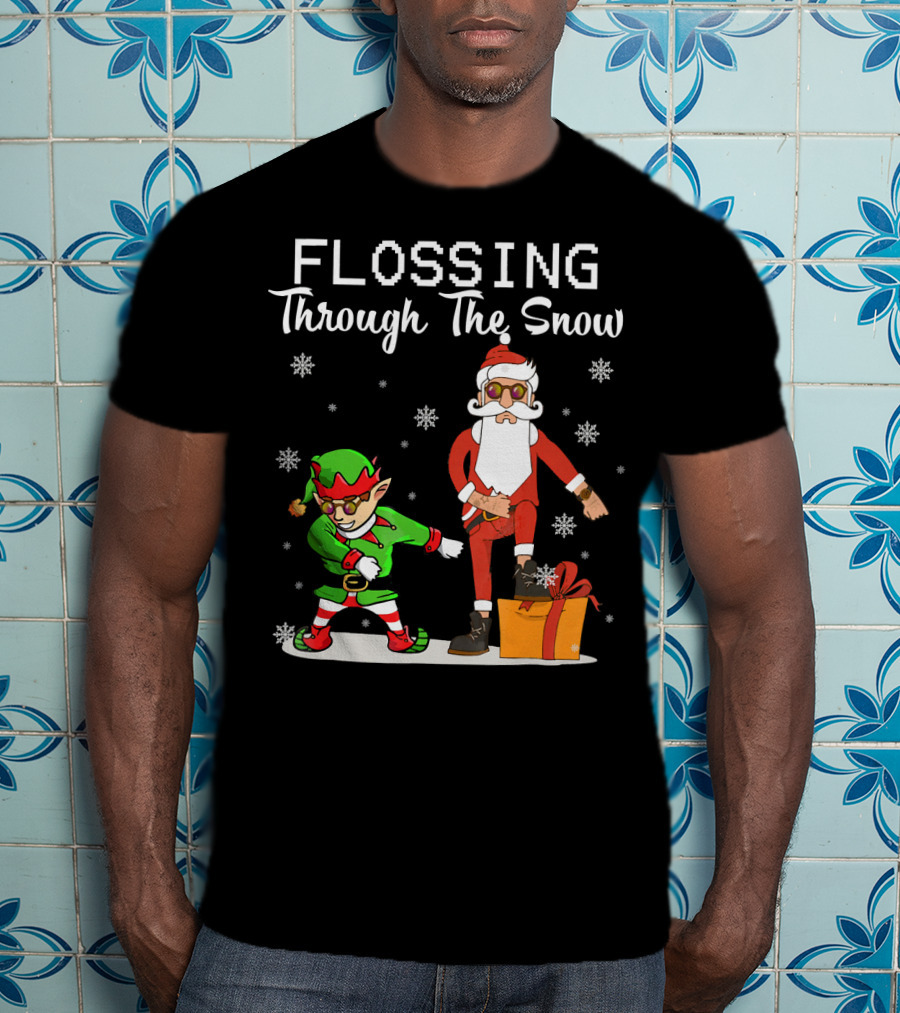 Flossing Through The Snow Santa And Elf Dancing With Gifts And Snowflakes T-Shirt