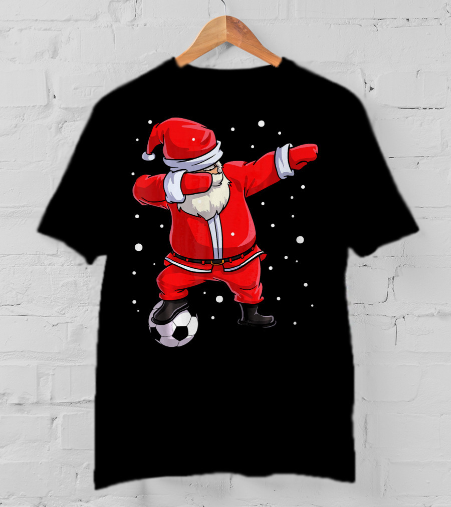 Santa Claus Dabbing On Soccer Ball Snowflakes Holiday T-Shirt
