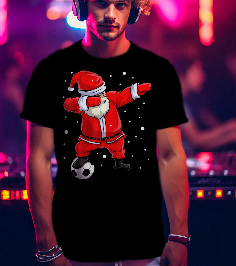 Santa Claus Dabbing On Soccer Ball Snowflakes Holiday T-Shirt