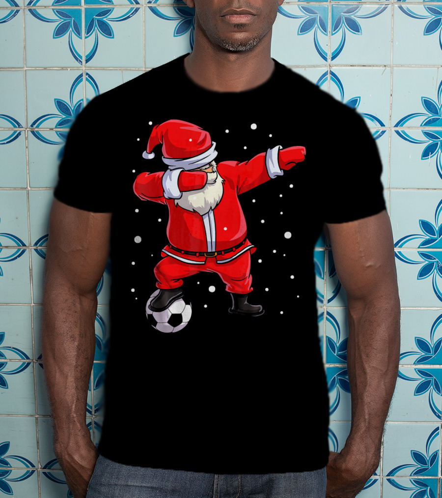 Santa Claus Dabbing On Soccer Ball Snowflakes Holiday T-Shirt