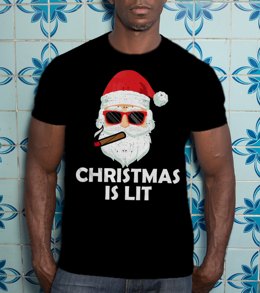 Christmas Is Lit Santa With Sunglasses And Cigar T-Shirt