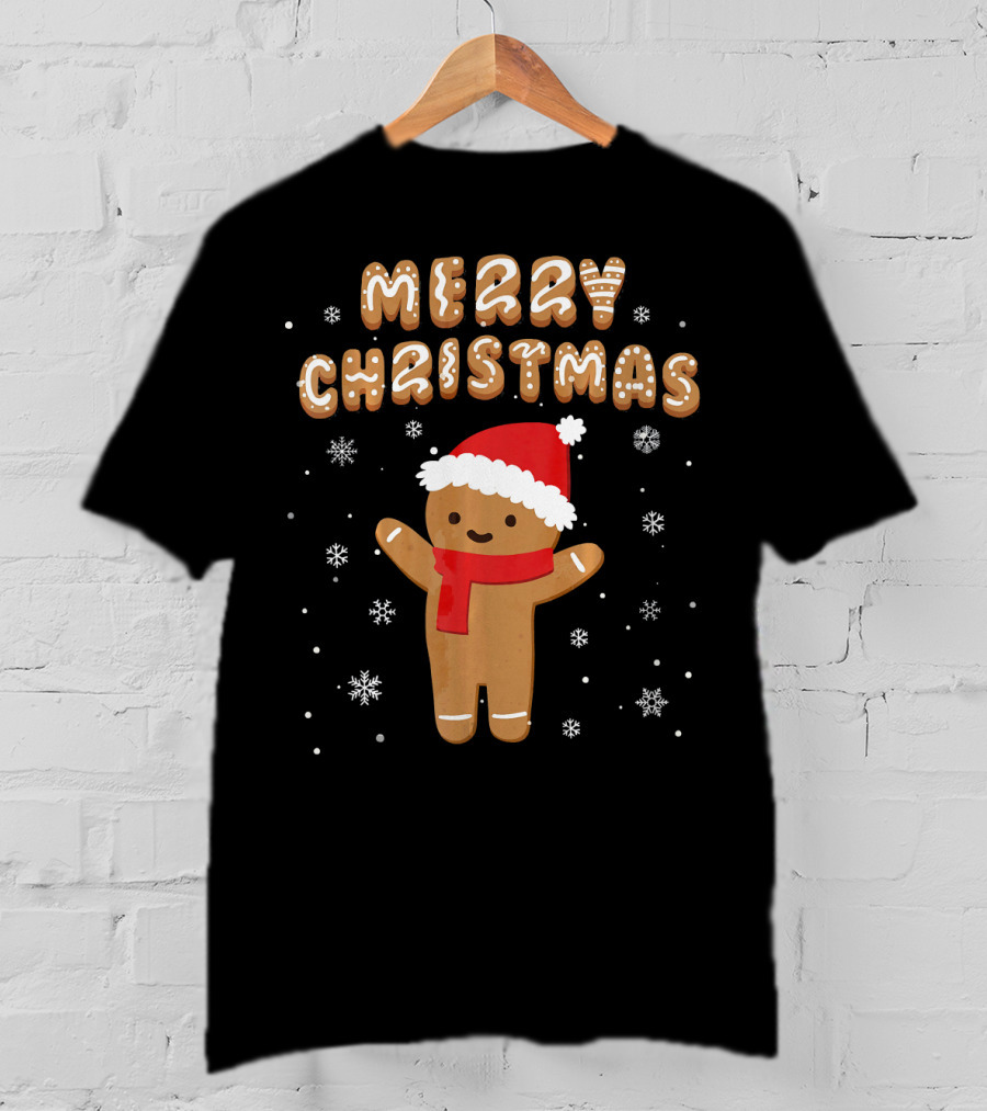 Merry Christmas Gingerbread Santa Hat Snowflakes T-Shirt