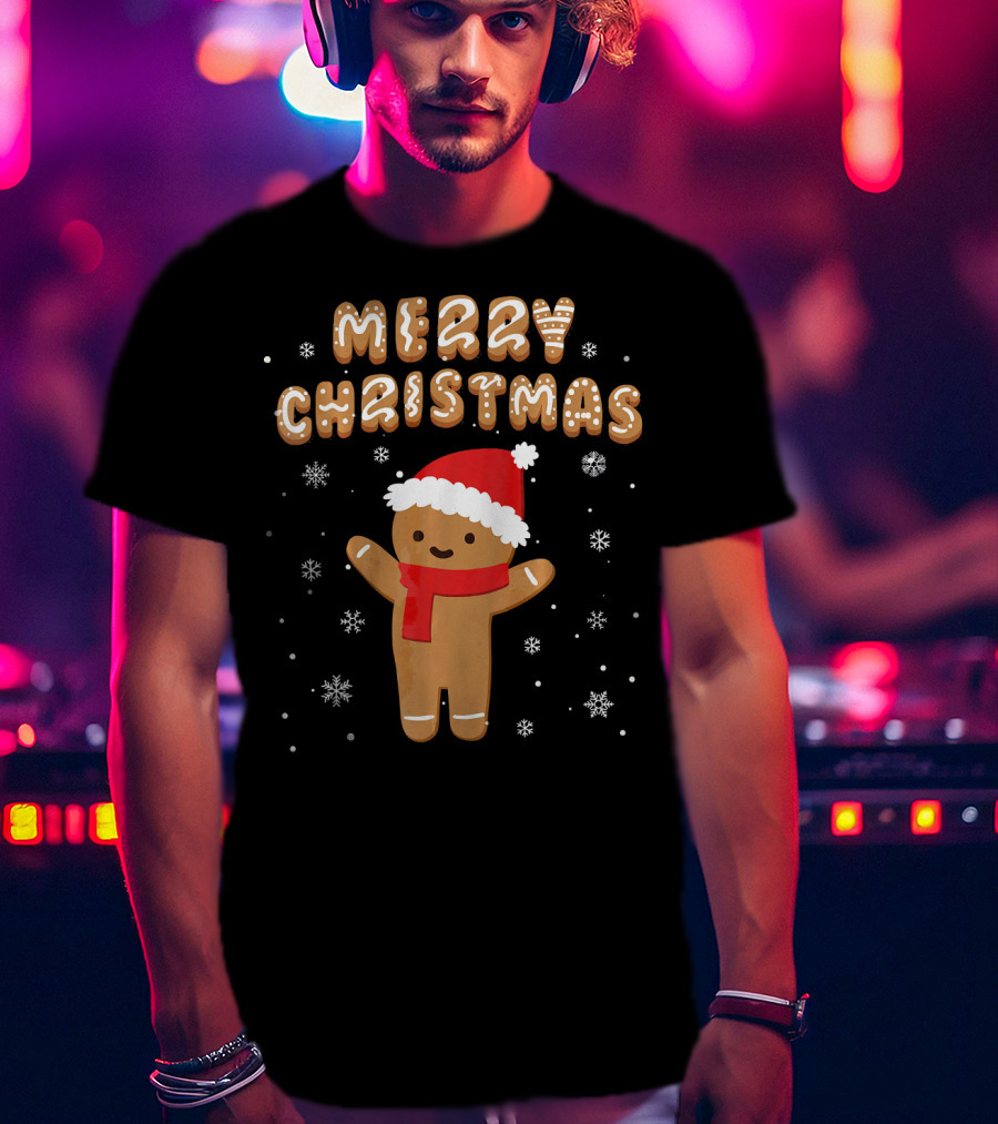 Merry Christmas Gingerbread Santa Hat Snowflakes T-Shirt