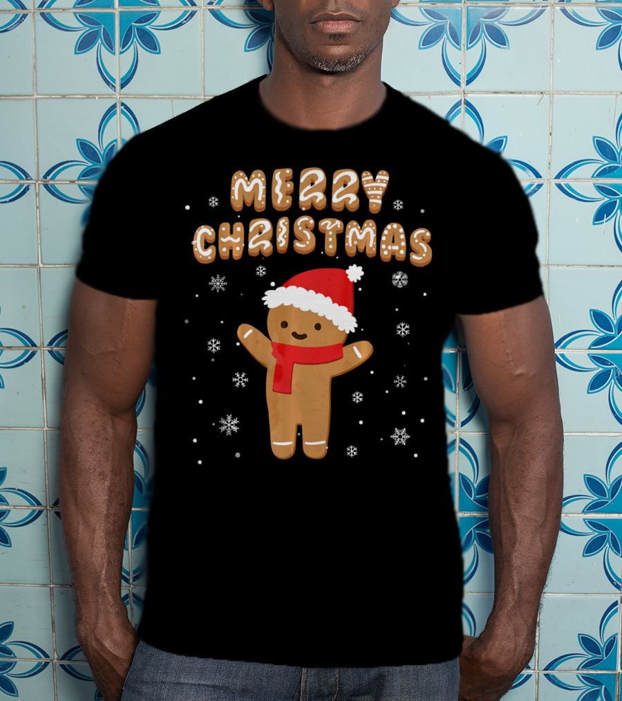 Merry Christmas Gingerbread Santa Hat Snowflakes T-Shirt