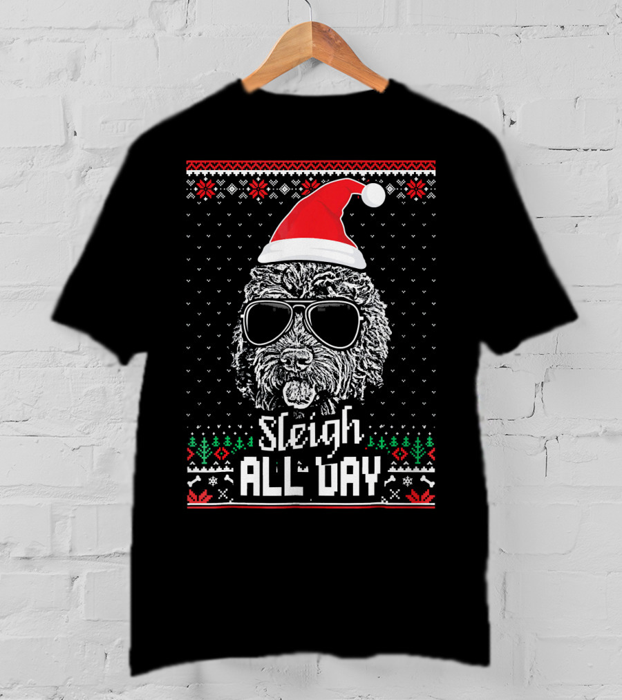 Sleigh All Day Christmas Labradoodle With Santa Hat And Sunglasses T-Shirt