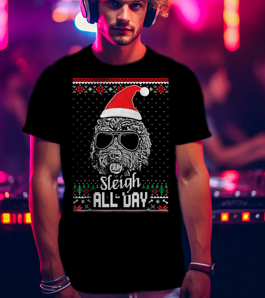 Sleigh All Day Christmas Labradoodle With Santa Hat And Sunglasses T-Shirt