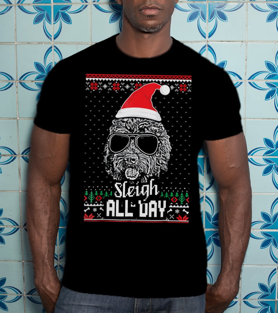 Sleigh All Day Christmas Labradoodle With Santa Hat And Sunglasses T-Shirt