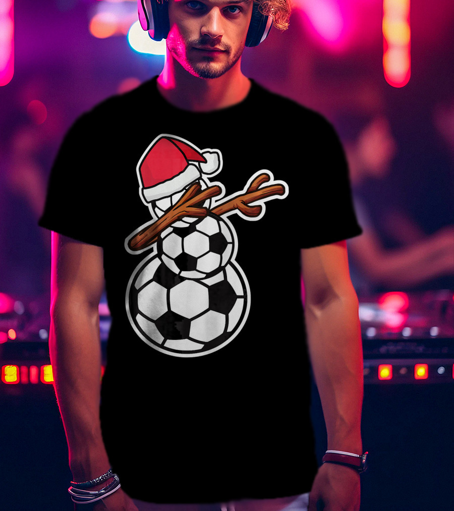 Dabbing Soccer Snowman With Santa Hat T-Shirt