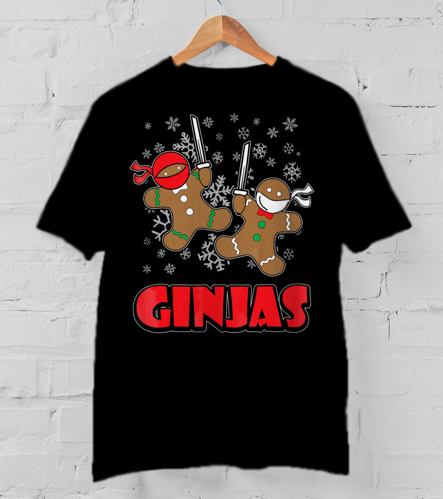 Gingerbread Man Ninjas Christmas In July Snowflakes T-Shirt