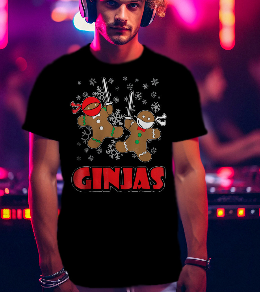 Gingerbread Man Ninjas Christmas In July Snowflakes T-Shirt