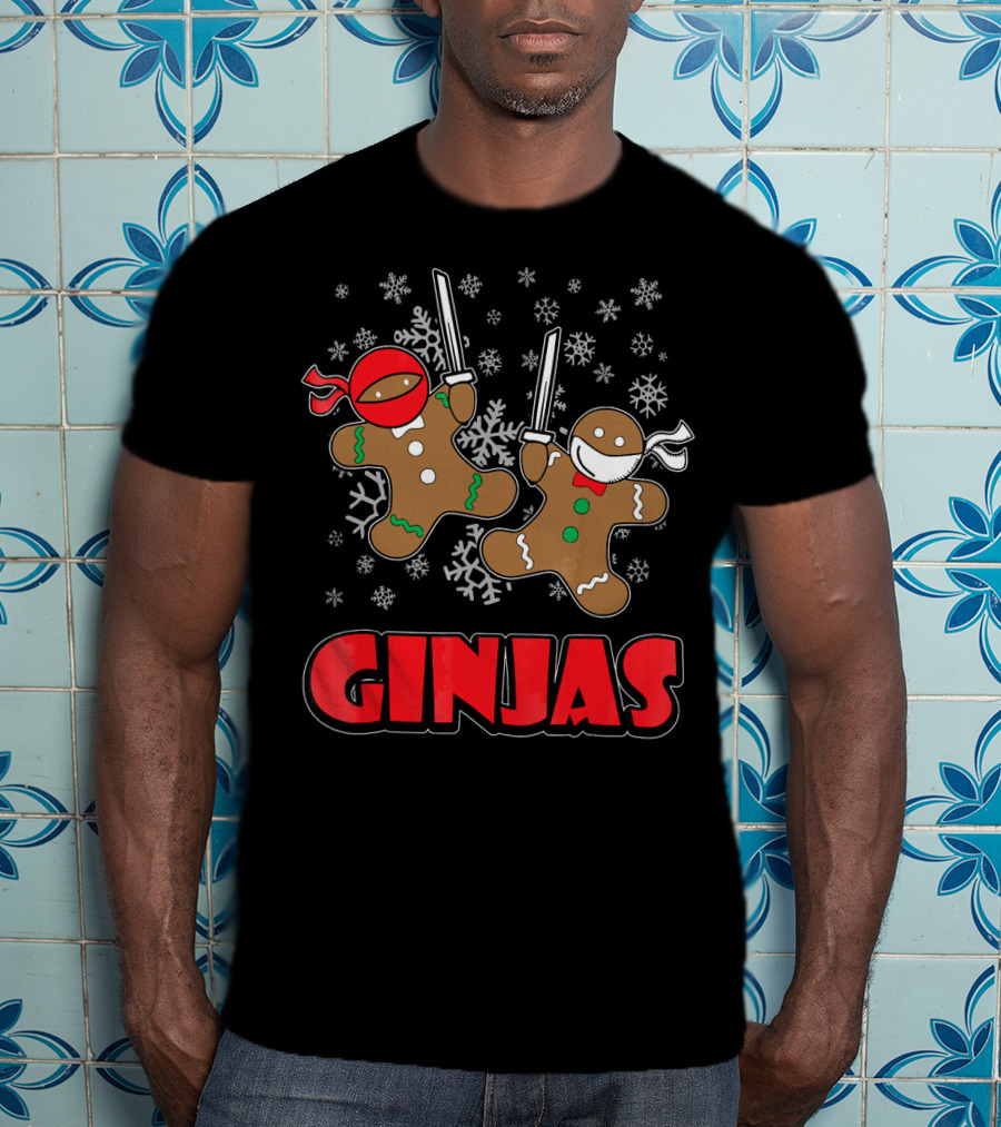 Gingerbread Man Ninjas Christmas In July Snowflakes T-Shirt
