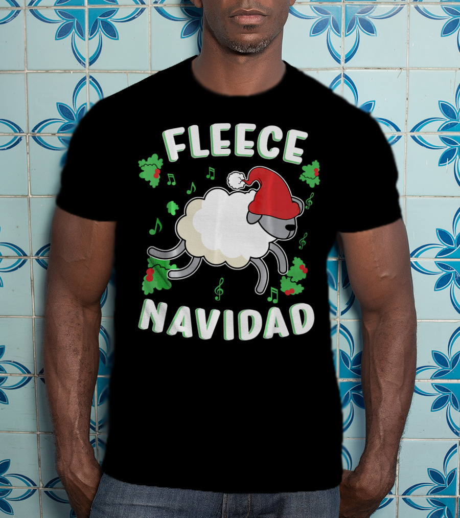 Fleece Navidad Lamb Christmas Xmas Santa Hat Music Notes Hollys T-Shirt
