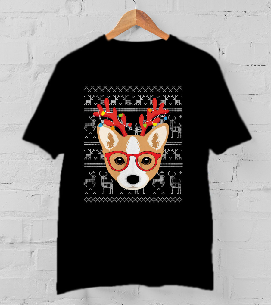 Corgi Puppy Dog With Xmas Antlers And Glasses Holiday T-Shirt