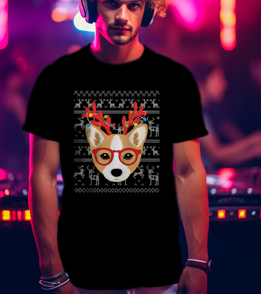 Corgi Puppy Dog With Xmas Antlers And Glasses Holiday T-Shirt